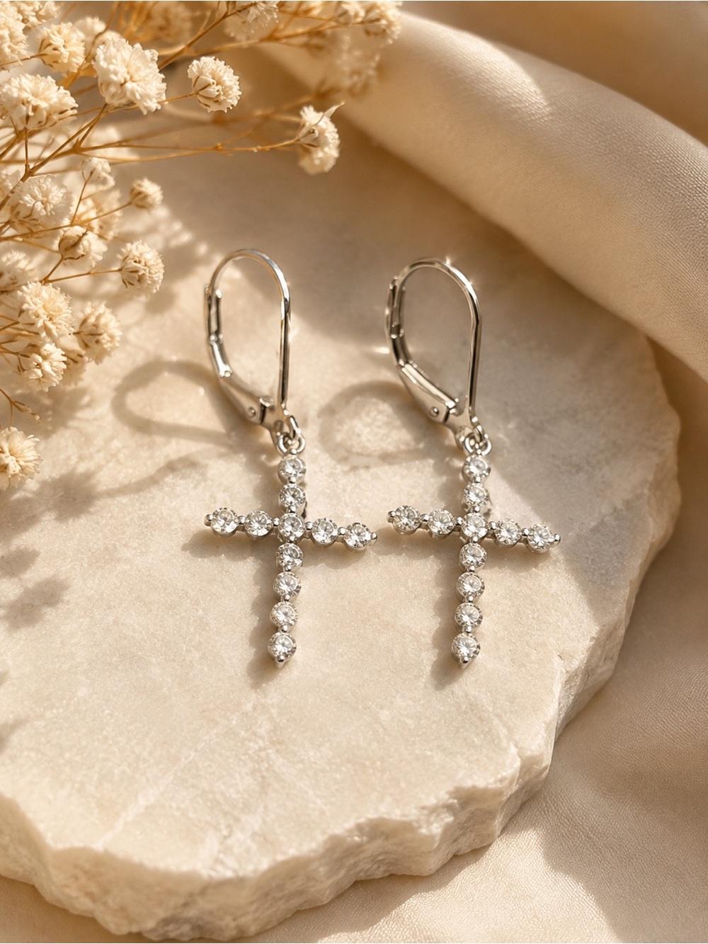Sterling Silver Cross Drop Earrings with Clear Stones - Women Jewelry
